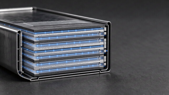 Solid state battery cell cutaway showing layered electrodes
