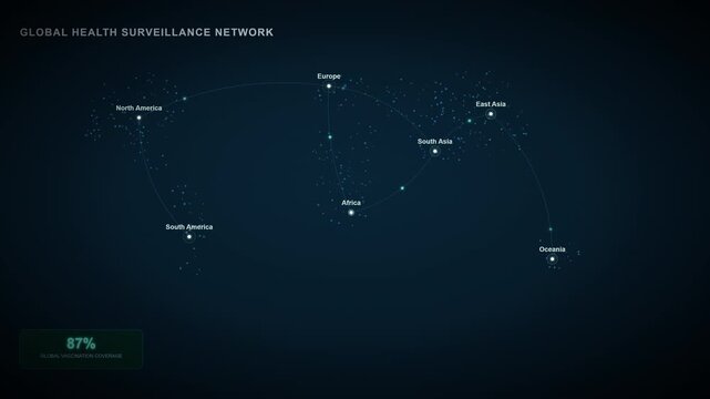 A sophisticated digital interface displaying a global health surveillance network, illustrating interconnected data flow across continents for advanced monitoring and preventative measures worldwide