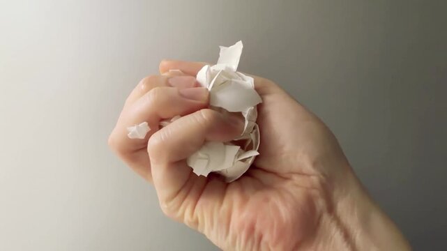 Hand Squeezing Broken Eggshells Against a Grey Background