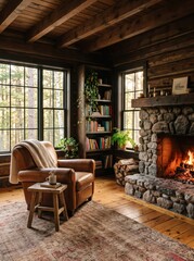 Naklejka premium Rustic cabin living room with stone fireplace, leather armchair and bookshelves. Cozy woodland retreat interior. Country home decor and rustic design. Reading nook and fireside relaxation.