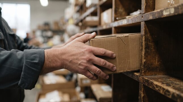 Hands placing cardboard box in sorting cubby