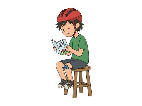 Young boy wearing a bicycle helmet reading a bike safety manual while sitting on a wooden stool alone