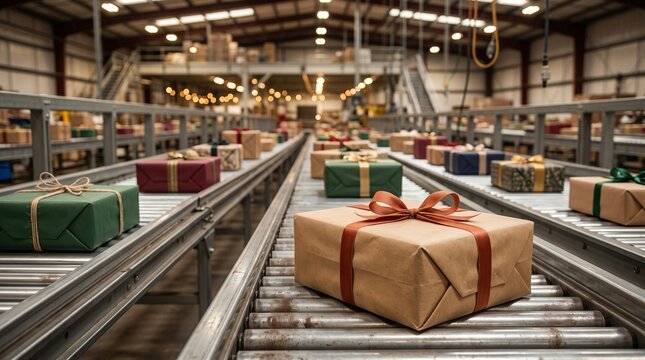 Wrapped gift parcels on warehouse conveyors
