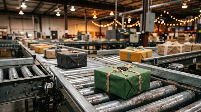Wrapped green parcel on warehouse conveyor