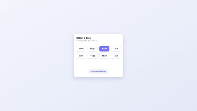Modern digital user interface design for a time selection picker widget featuring hourly appointment slots and a call to action button
