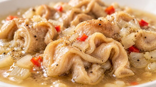 Chitterlings cooked with onions and red peppers in savory broth, close-up comfort food serving with visible seasoning and copy space, suitable for culinary, cultural, recipe, and food editorial use