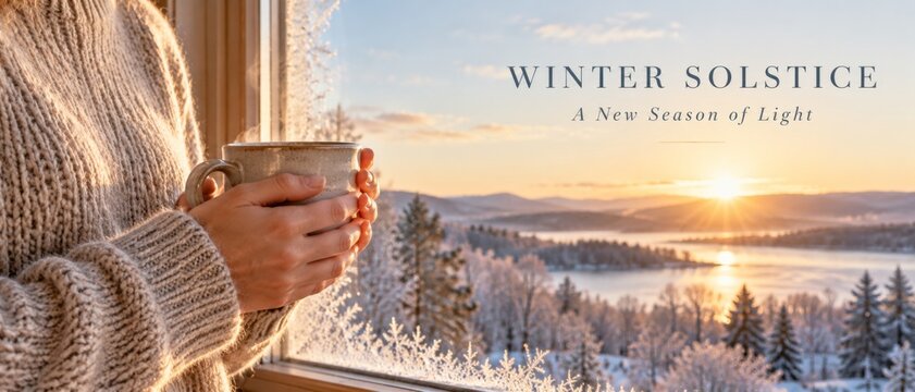 Winter solstice sunrise viewed through frosted window, with person holding warm mug in cozy knitted sweater beside snowy forest and lake, seasonal December banner design with copy space for messaging
