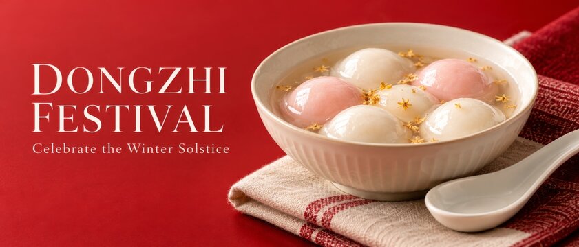 Dongzhi Festival banner featuring bowl of colorful tangyuan sweet rice balls in syrup, spoon and red textile, with English winter solstice greeting and generous copy space for seasonal promotion