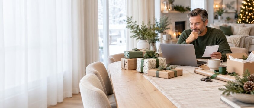 Man using laptop at dining table during Green Monday, surrounded by wrapped gifts, coffee, festive Christmas decor, and greenery, representing seasonal online shopping, holiday marketing, and home10