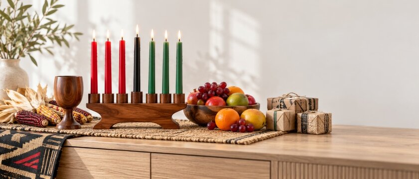 Kwanzaa celebration display with red, black, and green candles, fruit bowl, woven textile, wooden goblet, corn, and wrapped gifts on sideboard, offering festive copy space for seasonal design
