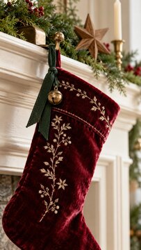 Nostalgic Christmas stocking in burgundy velvet with embroidered botanical motifs, green ribbon, brass bells, and mantel garland, creating cozy traditional holiday decor with vertical copy space