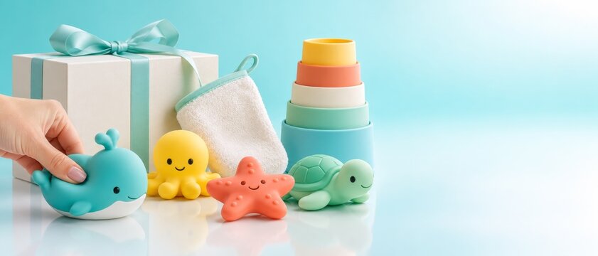 Colorful bath toys, wrapped gift, stacking rings, towel, whale, octopus, starfish and turtle arranged on pastel blue surface for Safe Toys and Gifts Month, with copy space for marketing use and banner
