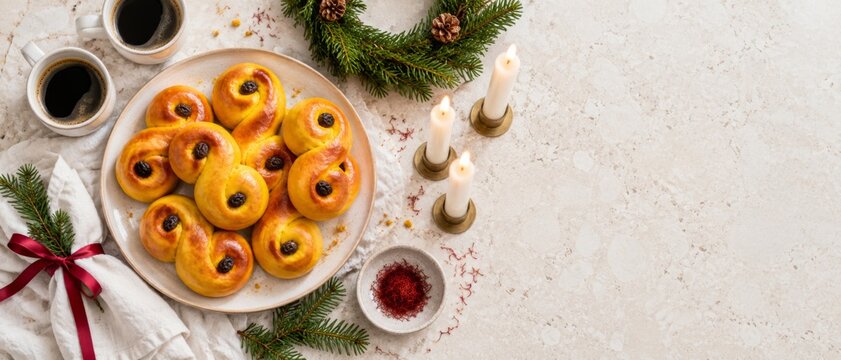 Saint Lucia Day celebration with saffron buns, coffee, candles, evergreen branches, and festive ribbon arranged on stone tabletop, leaving generous copy space for seasonal greeting, holiday marketing,
