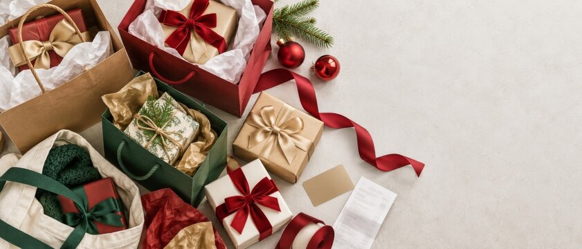 Christmas gift boxes with red ribbons, ornaments, wrapping paper and blank tags arranged on light surface, festive holiday shopping concept with generous copy space for Super Saturday promotions and