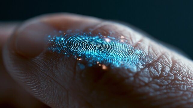 Glowing blue fingerprint detail highlights advanced biometric security concepts, representing digital identification and futuristic authentication