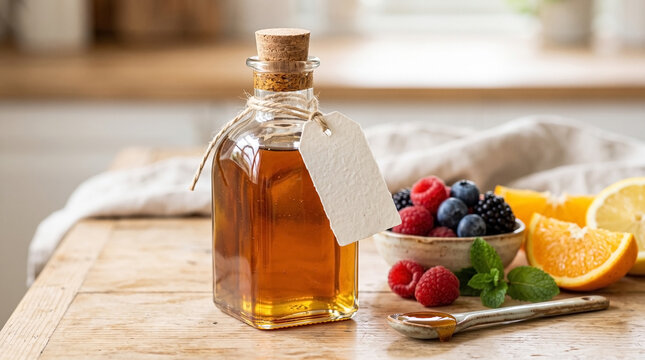 Traditional syrup bottle with natural ingredients and vibrant fruits on rustic wooden table. Syrup bottle is surrounded by fresh berries, oranges, and a spoon, showcasing a delightful culinary setup.