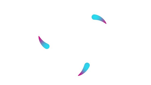 Animated colorful three drops of liquid moving from the center and spinning in a circle. Fluid effect. Looped video. Vector illustration isolated on white background. 
