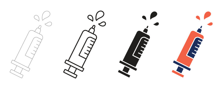 Medical syringe with liquid droplets in four clean vector styles against a white background conceptualizing healthcare and treatment