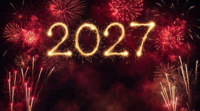 Sparkling digits 2027 illuminated by festive fireworks during nighttime celebration