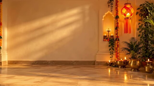 Decorative diwali carved wooden door interior entrance with traditional floor rangoli pattern and oil diya lamps for festive celebration, cinematic slow pan shot of empty spiritual home entryway