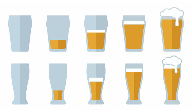 Beer glass fill level icons set from empty to full and overflowing foam in flat style for bar infographic progress and brewery app design