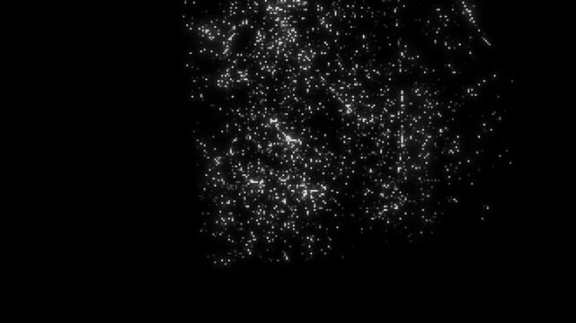 Sparse dust specks glowing pixel fragments appear mostly black background. vintage glitch overlay adds restrained film damage texture to nostalgic transitions, music atmospheric titles creative edits.
