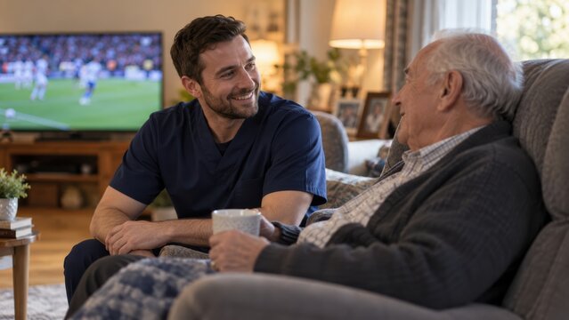 Smiling male respite care worker in navy scrubs chatting with elderly man holding mug on recliner while watching soccer on TV, companionship during respite care at home