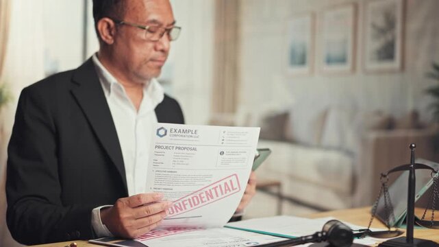 Mature asian lawyer reading confidential project proposal paper beside scales gavel smartphone inside law office.