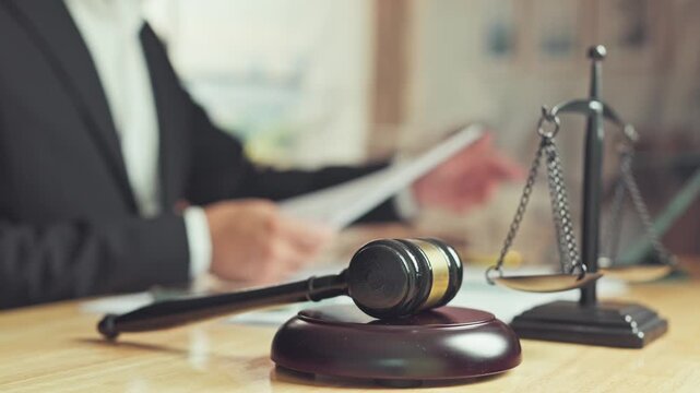 Wooden gavel sits beside balance scale upon desk while attorney examines contract paperwork inside courtroom office.