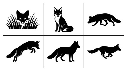 Obraz premium Fox silhouettes set with figures in various poses, animal icons for nature or wildlife themes