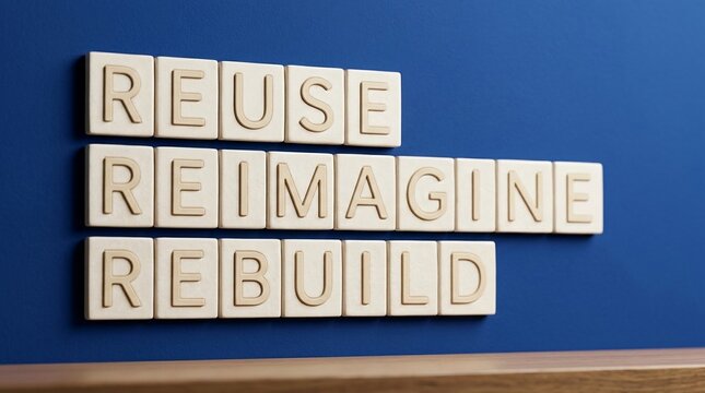 Letters spelling out Reuse Reimagine Rebuild in a conceptual arrangement
