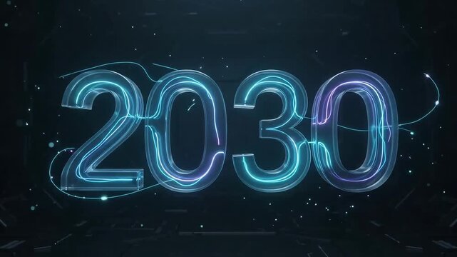 Glass 2030 numbers filling with glowing energy lines in futuristic tun
