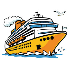 Cruise, ship sailing at sea with birds, colorful cartoon vector illustration design for travel themes, ocean voyage graphic element. © AT