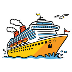 Cruise, ship sailing at sea with birds, colorful cartoon vector illustration design for travel themes, ocean voyage graphic element. © AT