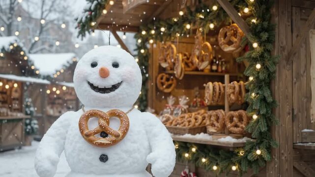 Snowman window shopping at night wearing a pretzel necklace for a