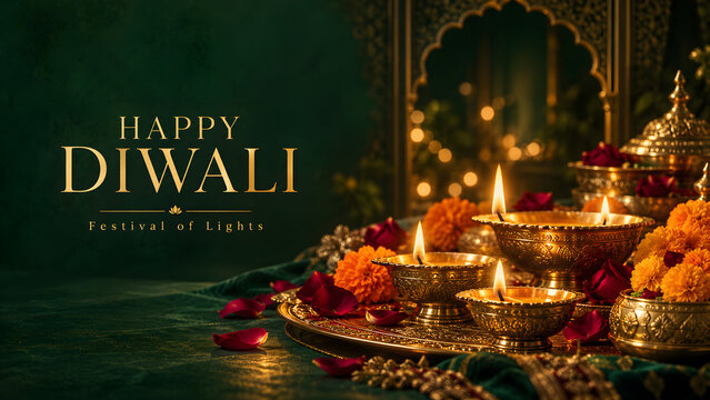 Happy Diwali lettering appears on a deep emerald background beside an arrangement of polished brass oil lamps with bright flames, flower petals and vessels inside a softly lit traditional archway.