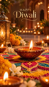 Happy Diwali text floats over a glowing decorated clay diya in the foreground, surrounded by vivid flower petals and colorful rangoli powders, with lanterns and candlelight blurred in an interior.