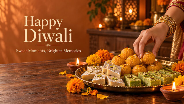 Hand adorned with gold bangles reaches toward a brass platter filled with Indian sweets, including round ladoos and square pieces of barfi, beside diyas and orange marigolds on a wooden table.