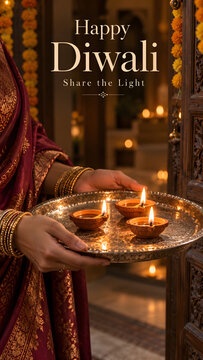 Woman in an embroidered red saree carries a round silver ceremonial tray holding three clay lamps, as Happy Diwali lettering appears above her hands against a festive interior decorated with garlands.