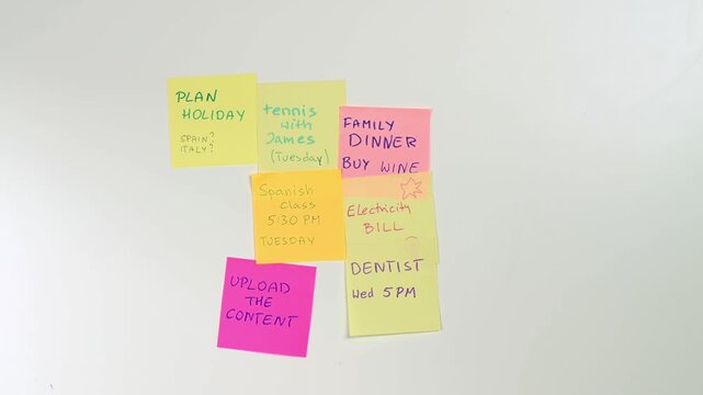 Post-it notes covering a wall representing a very busy lifestyle and overwhelming schedule