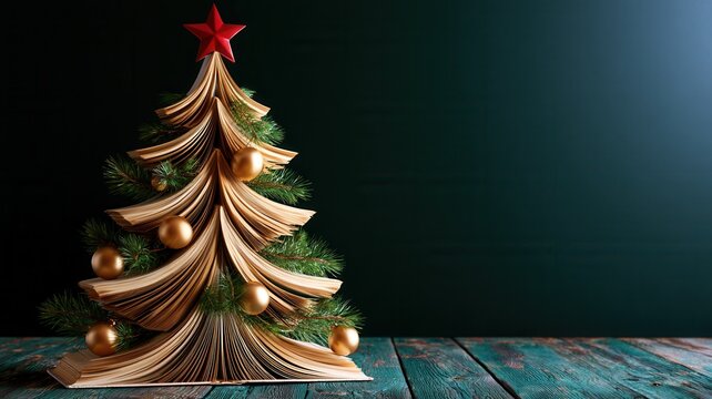 Books forming a christmas tree representing reading education and learning during holiday season copy space