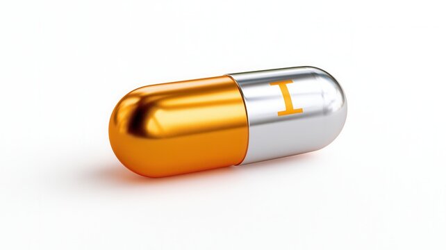 Gold and silver metallic pill capsule displaying orange letter i representing health supplement or medical treatment