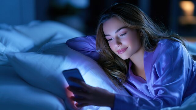 Young woman relaxing in bed using smartphone at night blue light from screen impacting sleep