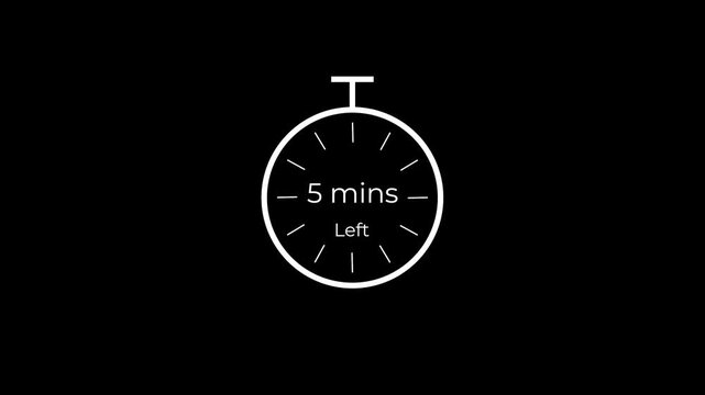 ​5 mins left timer countdown line art animation icon with stopwatch clock graphic element.
