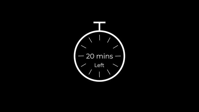 20 mins left timer countdown line art animation icon with stopwatch clock graphic element.