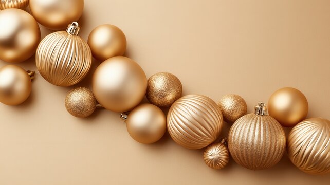 Golden christmas ornaments creating festive border on beige background elegant holiday season decoration