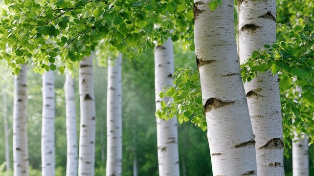 Birch trees standing tall showing white bark and vibrant green spring leaves Soft sunlight filtering through the foliage