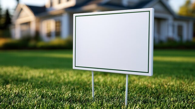 Blank real estate sign on green lawn space for text advertising property for sale or housing market concept