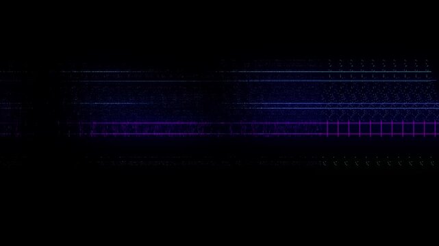 Signal distortion combines dense line patterns computer commands over black. retro neon glitch overlay energetic transitions, software promos, technology titles, experimental edits music montages.