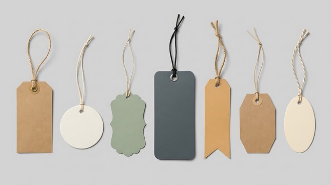 Collection of seven blank paper gift tags in various shapes and colors, with string for labeling products or gifts.